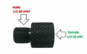 Barrel End Threaded Adapter Female 1/2-20 UNF To Male 1/2-28 UNEF